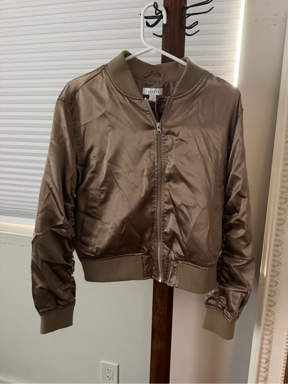 Topshop Satin Bomber Jacket in Taupe Brown